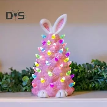 Весенняя пасхальная лампа на дереве в виде кролика, смоляная розовая лампа на дереве в виде кролика с ушками и ножками, светодиодная подсветка, фигурка животного, статуэтка, скульптура, украшение для рабочего стола, орнамент розовый