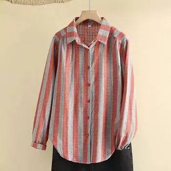 Весенняя полосатая рубашка из хлопка и льна с длинными рукавами, модная простая рубашка с лацканами для мам XXL синий