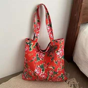 Весенняя популярная большая вместительная трендовая северо-восточная большая тканевая сумка с цветочным принтом, персонализированная сумка через плечо в иностранном стиле красный