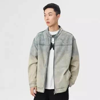 Весенняя повседневная джинсовая куртка с постепенным изменением цвета, мужская джинсовая куртка с воротником-стойкой, слегка широкая, в стиле ретро, в американском стиле M