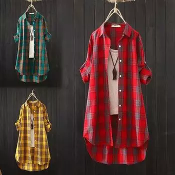 Весенняя повседневная клетчатая блузка с длинным рукавом, женские свободные рубашки, средние солнцезащитные рубашки, большие размеры XS красный