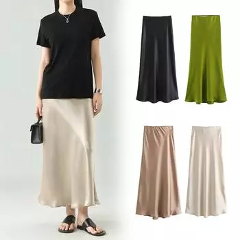 Весенняя повседневная новая женская атласная юбка, элегантная базовая шикарная атласная юбка с высокой талией, модная универсальная юбка, шелковистая струящаяся длинная юбка M хаки