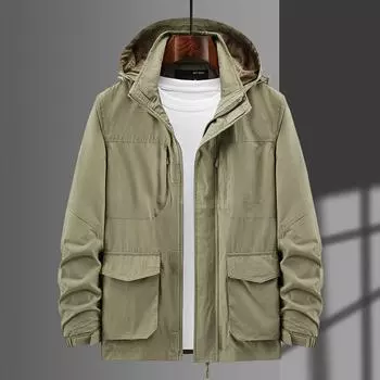 Весенняя повседневная свободная куртка с капюшоном на молнии для мужчин, однотонный топ с несколькими карманами, куртка на молнии для мужчин M