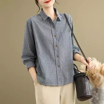 Весенняя повседневная свободная рубашка с полосатым лацканом и длинными рукавами, женская рубашка-топ M чёрный