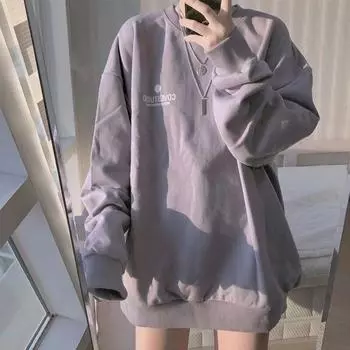 Весенняя повседневная толстовка с буквенным принтом, верхняя толстовка с длинными рукавами, женские корейские толстовки с круглым вырезом, пуловер с длинным рукавом, топы y2k, уличная одежда M чёрный