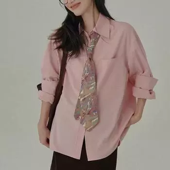 Весенняя повседневная женская рубашка с длинным рукавом розового цвета, модные однотонные хлопковые свободные женские блузки на пуговицах с простыми лацканами для офиса, женская рубашка 26037 S розовый