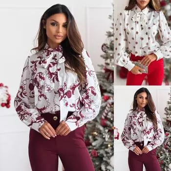 Весенняя простая рубашка с длинными рукавами и бантом для женщин S белый/красный