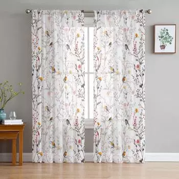 Весенняя птица, солнечный цветок, орхидея, ретро вуаль, прозрачные шторы, тюлевая занавеска для гостиной, окна, кухни, спальни, домашний декор 135W x 114H(cm)