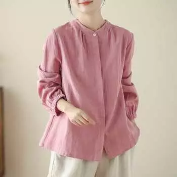 Весенняя пудровая льняная однотонная художественная универсальная свободная рубашка с длинными рукавами и воротником-стойкой Блузки и рубашки M