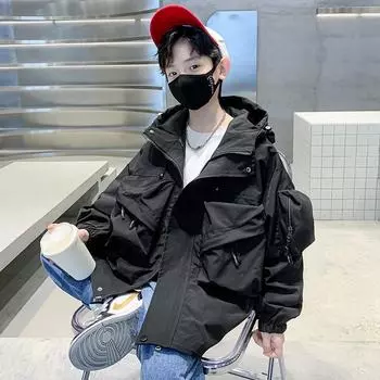 Весенняя рабочая куртка для мальчиков 2024 года — новый стиль для детей среднего и крупного телосложения, весна и осень. 120cm хаки