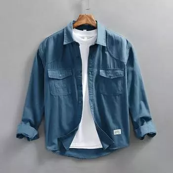Весенняя рабочая одежда в японском стиле, уличная одежда, свободный верх, чистый хлопок, повседневные рубашки-карго, рубашки с двойными карманами и пуговицами, с длинным рукавом для мужчин M синий