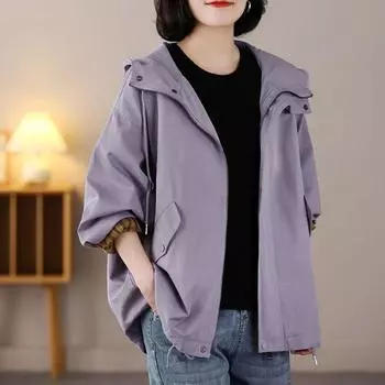 Весенняя ретро-куртка Daytide Tooling с капюшоном и длинными рукавами, короткая тренчкот-плащ, женская свободная ленивая куртка с капюшоном, модная XL recommends 135-75kg фиолетовый