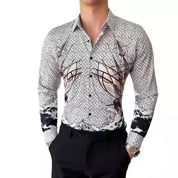 Весенняя роскошная изысканная рубашка с цифровым принтом, мужская мода, не требующая глажки, рубашки с длинным рукавом, высокое качество, повседневная одежда для ночного клуба, вечеринка Asian 3XL 70kg-75kg белый