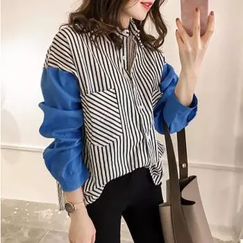 Весенняя рубашка большого размера, джинсовая полосатая женская рубашка с длинными рукавами
