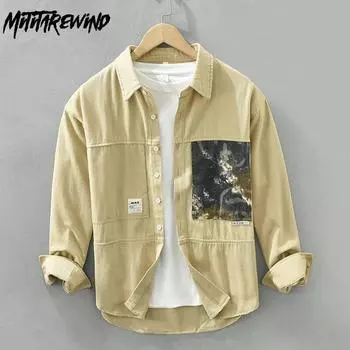 Весенняя рубашка-карго с длинным рукавом, мужская уличная одежда, повседневный мужской топ из чистого хлопка, рубашки с карманами и принтом, молодежная популярная свободная рубашка M чёрный