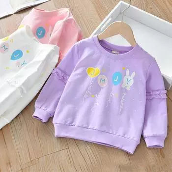Весенняя рубашка с длинными рукавами для девочек, детская осенняя хлопковая футболка с круглым вырезом и принтом, детский свитер 90