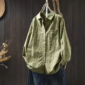 Весенняя рубашка с длинными рукавами и цветочным принтом, женская свободная повседневная рубашка-рубашка One size хаки