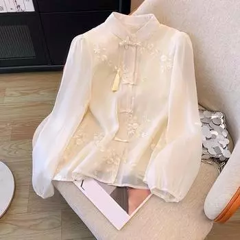 Весенняя рубашка с вышивкой, женская модная элегантная свободная рубашка с длинным рукавом, женские однотонные повседневные топы с воротником-стойкой, женская одежда 5625 S абрикосовый