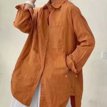 Весенняя рубашка средней длины из хлопка и льна, двухслойная, с длинными рукавами и лацканами, однотонный кардиган, нижняя рубашка для женщин One size озеро синий