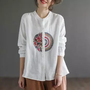 Весенняя рубашка свободного покроя с длинными рукавами в этническом стиле из хлопка и льна с вышивкой для женщин M белый