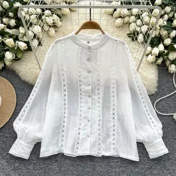 Весенняя рубашка женская кружевная блузка с длинным рукавом свободные модные топы футболки футболки новые белые average size дубильная кора