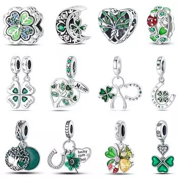 Весенняя серия Lucky Four Leaf Clover, 100% стерлингового серебра 925 пробы, подвески из бисера, подходят для оригинального браслета 925, DIY украшения на день рождения