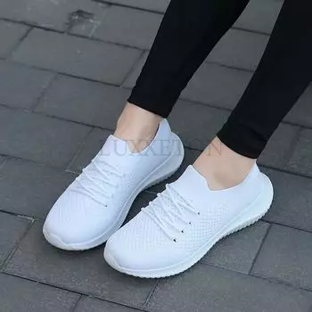 Весенняя сетчатая мода, новый круглый носок, мягкая подошва, удобная шнуровка, один шаг, повседневные кроссовки для бега, спортивная женская обувь 35 белый