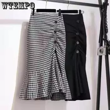 Весенняя шикарная плиссированная юбка на бедрах нерегулярной формы, женская элегантная тонкая юбка средней длины с разрезом на пуговицах и рыбий хвост M