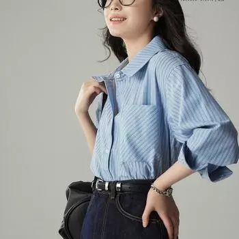 Весенняя синяя полосатая рубашка для женщин Весенне-осенний дизайн Niche OL Профессиональная многослойная рубашка для поездок на работу S