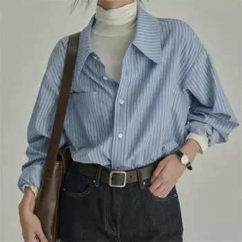 Весенняя синяя вертикальная полосатая рубашка женская с длинным рукавом, стильный дизайн, винтажная нижняя рубашка, винтажная базовая офисная повседневная женская рубашка S