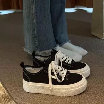 Весенняя студенческая модная одежда, парусиновые туфли, женские новые туфли на плоской подошве, однотонные белые туфли, обувь для спорта и отдыха 35 чёрный