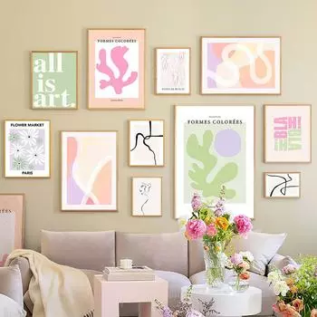 Весенняя свежая инди-поп-розовая зеленая цветочная абстрактная линия настенная живопись на холсте Декор для гостиной плакат и настенные панно с принтом A4 21X30cm No Framed