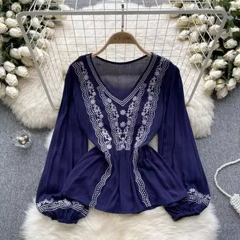 Весенняя свободная блузка с цветочной вышивкой, элегантный богемный дизайн, женская модная летняя повседневная рубашка с длинными рукавами One Size темно-синий