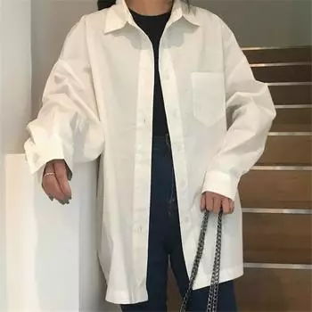 Весенняя свободная блузка с длинным рукавом, рубашки, женские однотонные блузки, повседневные уличные женские рубашки с карманами, топы One Size белый