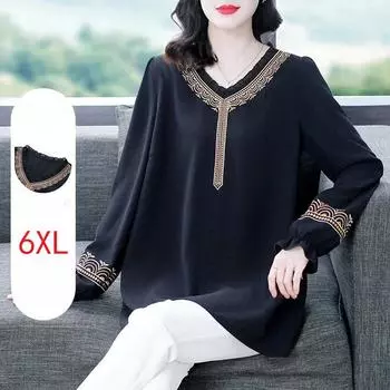 Весенняя свободная кружевная вышивка в стиле ретро с длинными рукавами, блузка среднего возраста, футболка, нижняя рубашка 6XL чёрный