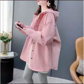 Весенняя свободная рубашка с капюшоном, женская модная дизайнерская модель Sense Small Fresh, с длинными рукавами, средней длины, универсальная стильная корейская блузка Tide XXL розовый