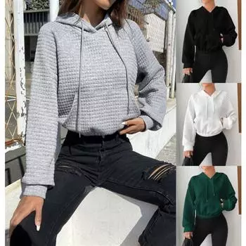 Весенняя свободная толстовка с капюшоном и длинными рукавами в стиле пэчворк с вафельным узором для женщин S белый