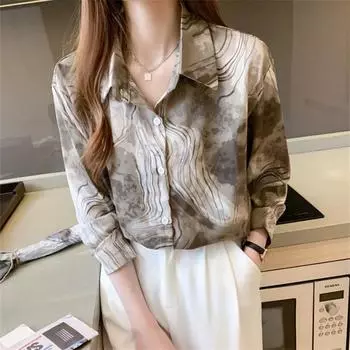 Весенняя свободная женская рубашка с принтом чернил, женская рубашка с длинными рукавами и длинным рукавом с отложным воротником Blusas Mujer De Moda 2022 S хаки
