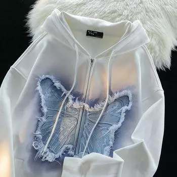 Весенняя тонкая американская уличная толстовка с нашивкой в виде бабочки, женская толстовка Y2k в стиле Харадзюку, свободный топ, куртка S белый