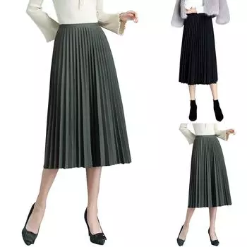 Весенняя тонкая универсальная элегантная плиссированная юбка средней длины с высокой талией One Size чёрный