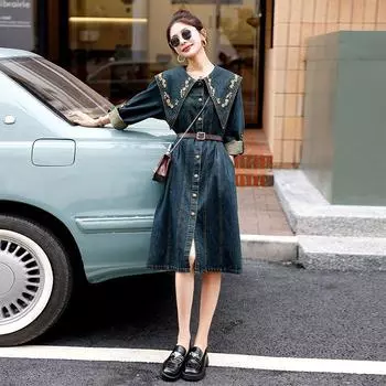 Весенняя тяжелая промышленность вышивка ретро джинсовая юбка кукольный воротник платье 2024 новый иностранный стиль маленький человек S [80-47.5 kg]