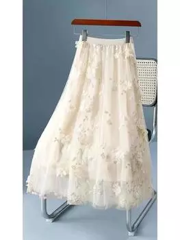 Весенняя юбка А-силуэта с высокой талией, двойным слоем сетки и 3D вышивкой цветов One Size