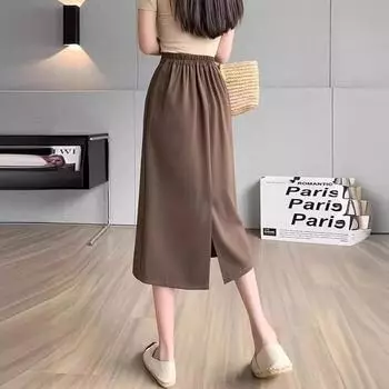 Весенняя юбка А-силуэта средней длины с высокой талией и разрезом сзади для женщин 2024 года - модный корейский стиль для похудения L чёрный