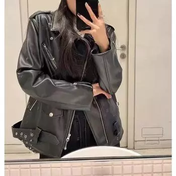 Весенняя уличная классная кожаная куртка женская свободная куртка большого размера из искусственной кожи темпераментная мотоциклетная куртка S