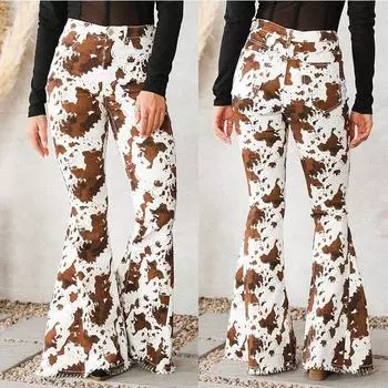 Весенняя уличная мода женские джинсы повседневные расклешенные брюки с принтом и высокой талией женские свободные брюки 25667 S орион