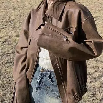 Весенняя винтажная куртка свободного покроя из искусственной кожи коричневого цвета с длинным рукавом для женщин XS коричневый