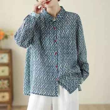 Весенняя винтажная женская блузка с цветочным принтом, литературная свободная хлопково-льняная блузка, рубашка с длинными рукавами, топ для женщин M