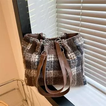 Весенняя вместительная шерстяная клетчатая сумка-тоут для женщин, новая модная универсальная сумка, модная сумка через плечо для поездок на работу синий