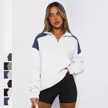 Весенняя женская американская рубашка-поло с контрастной молнией, бейсбольная джерси, толстовка S чёрный/светло-серый