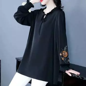 Весенняя женская блузка больших размеров, свободная, с длинным рукавом, вышитая блузка XL чёрный